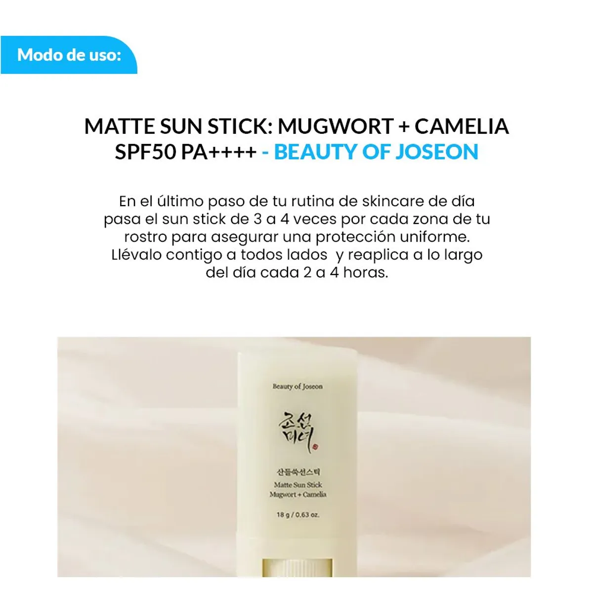 BEAUTY OF JOSEON - Matte sun stick mugwot + camelia SPF 50+ 18 gramos