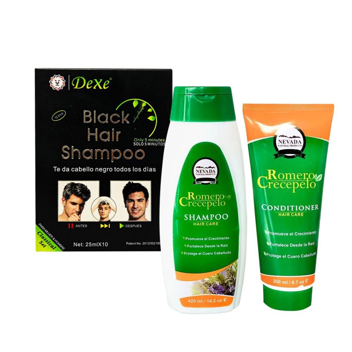 NEVADA NATURAL PRODUCTS - Pack Shampoo Romero + Acondicionador + Shampoo Dexe Cubre Canas