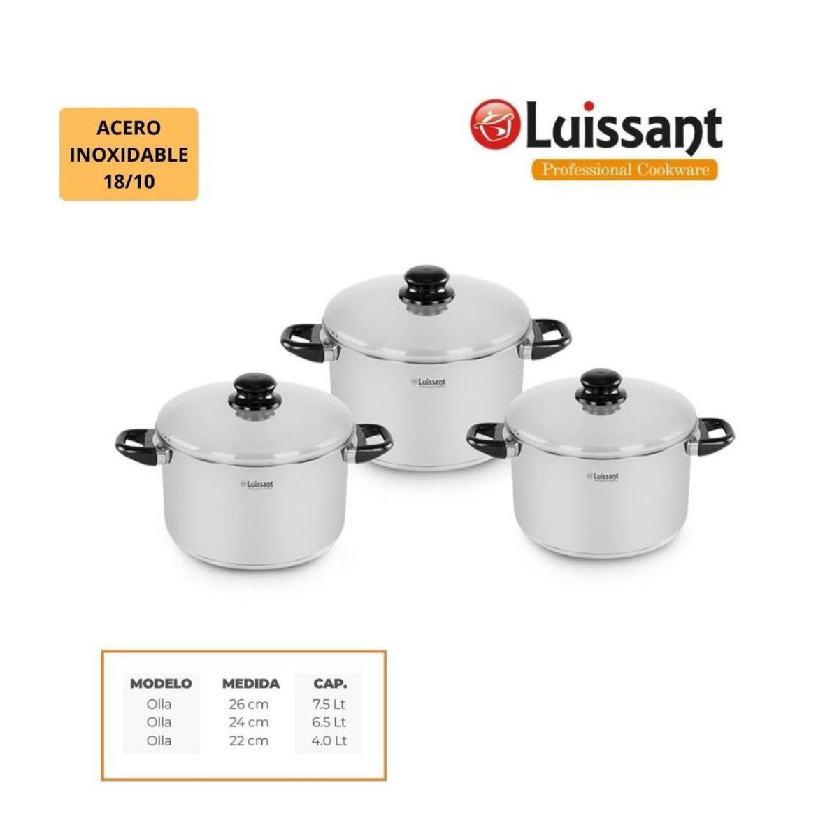 LUISSANT - JUEGO DE OLLAS 6 PZAS ACERO INOXIDABLE LUISSANT