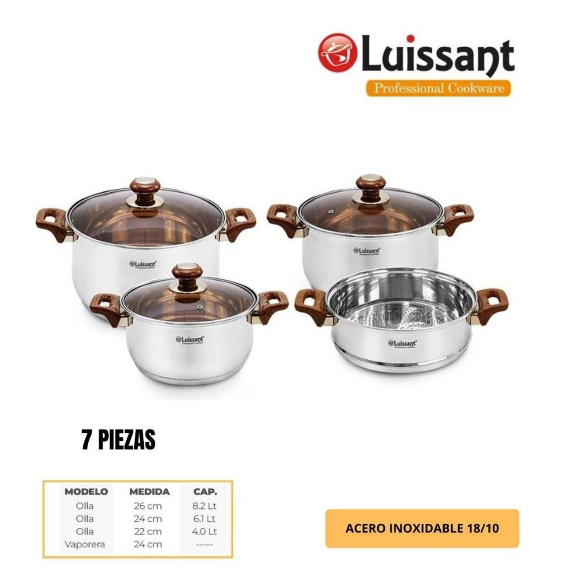 LUISSANT - JUEGO DE OLLAS DE 7 PZAS EN ACERO INOXIDABLE LUISSANT