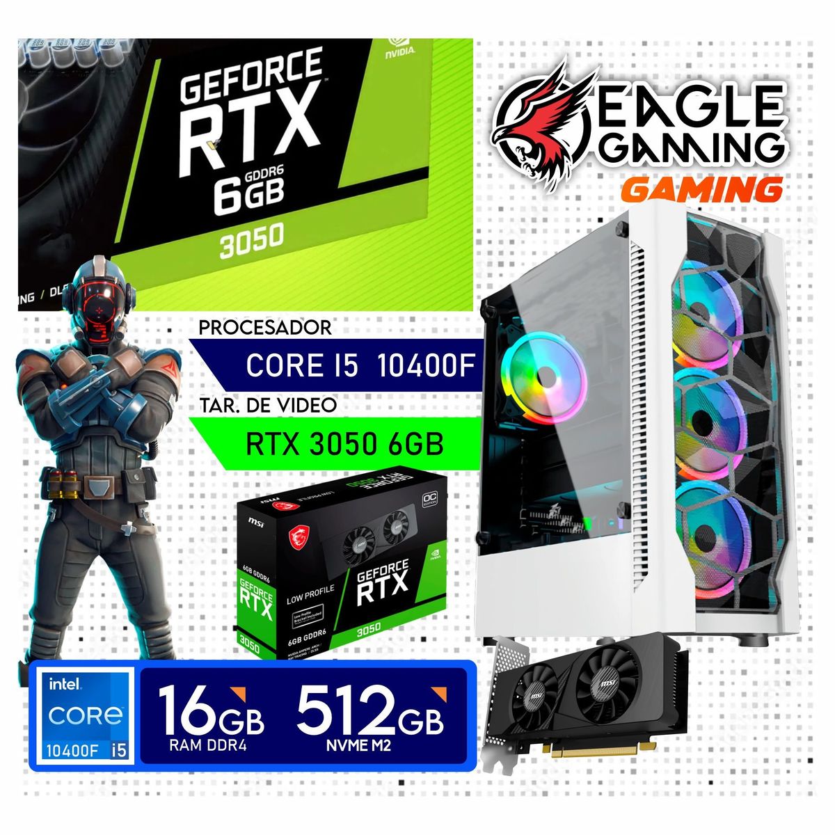 NVIDIA - Computadora PC GAMER Core i5 10400F + RAM 16GB + SSD 500GB + VIDEO RTX 3050 6GB