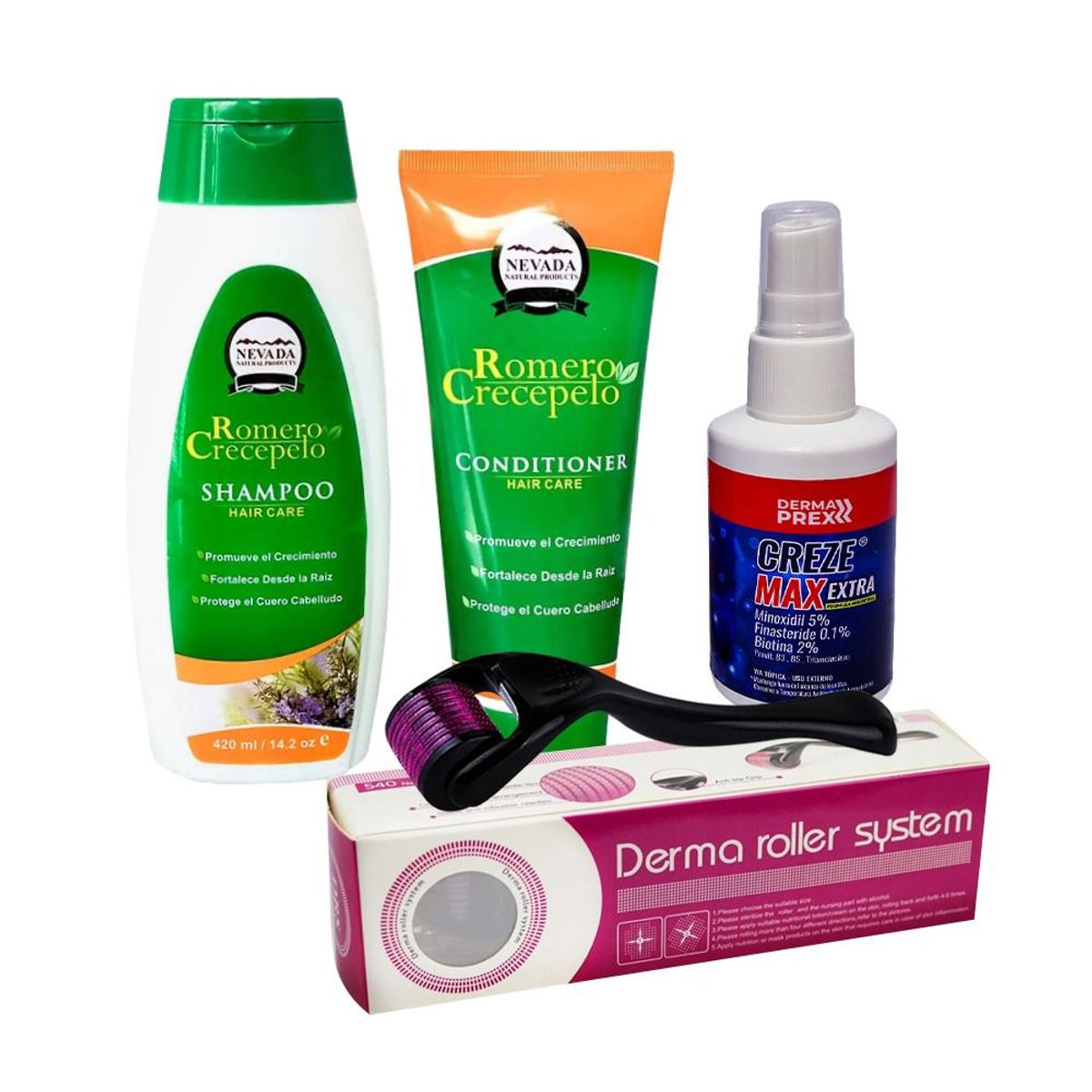 NEVADA NATURAL PRODUCTS - Pack Shampoo Romero + Acondicionador + Creze Max + Derma Roller