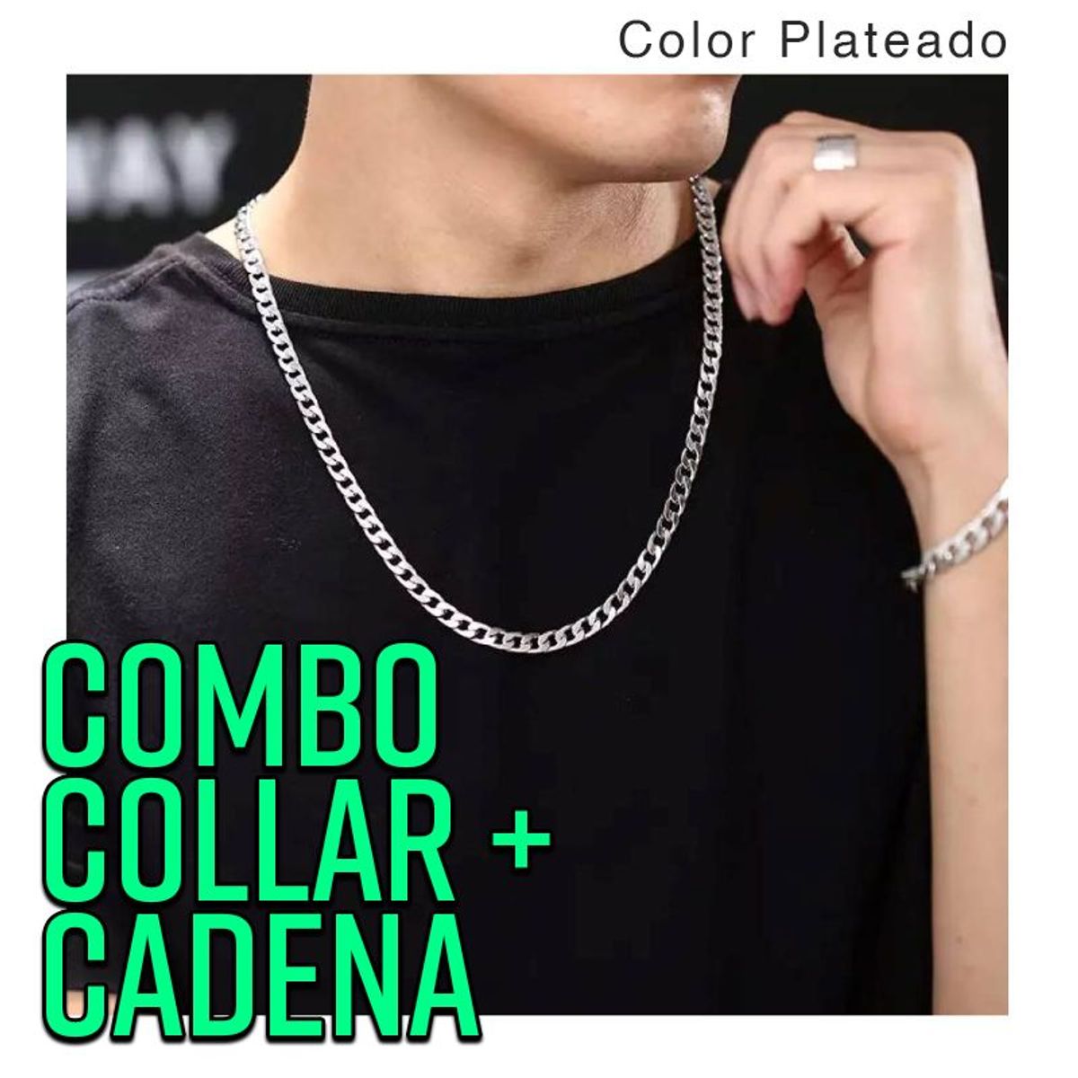 GENERICO - Collar y Pulsera para Hombre Combo Cadena Acero Inoxidable Plateado