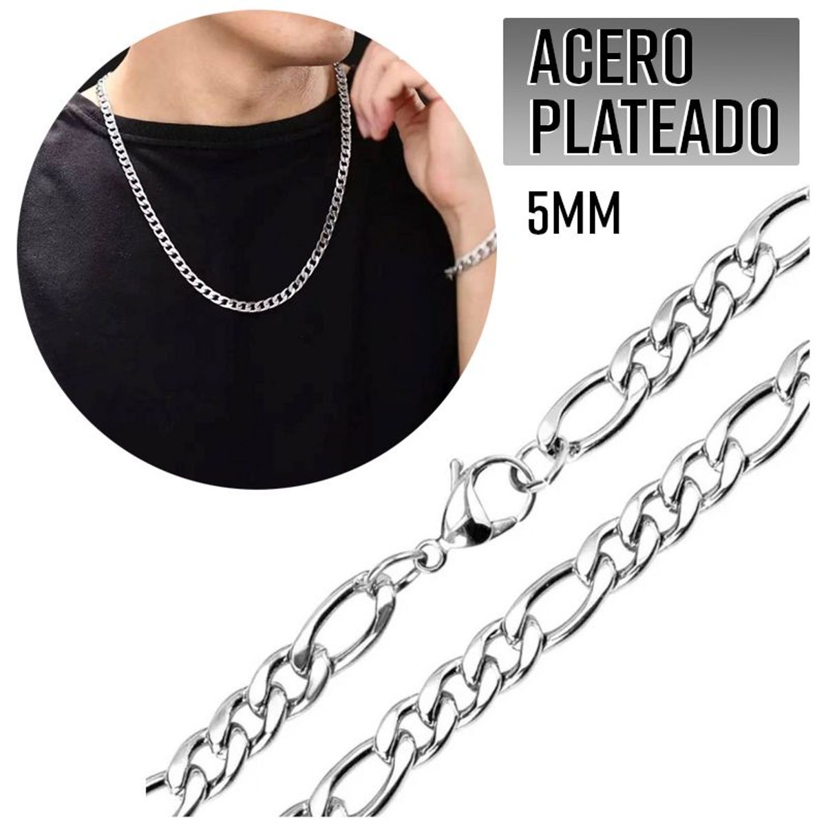 GENERICO - Collar y Pulsera para Hombre Combo Cadena Acero Inoxidable Plateado