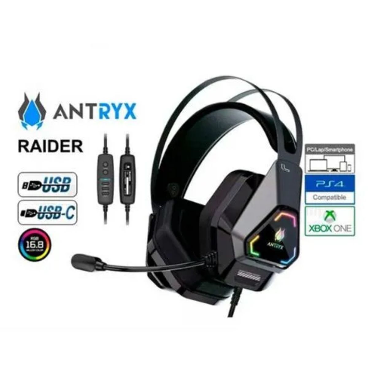 ANTRYX - AUDIFONO ANTRYX RAIDER BLACK RGB CON MICROFONO 7.1 VIRTUAL