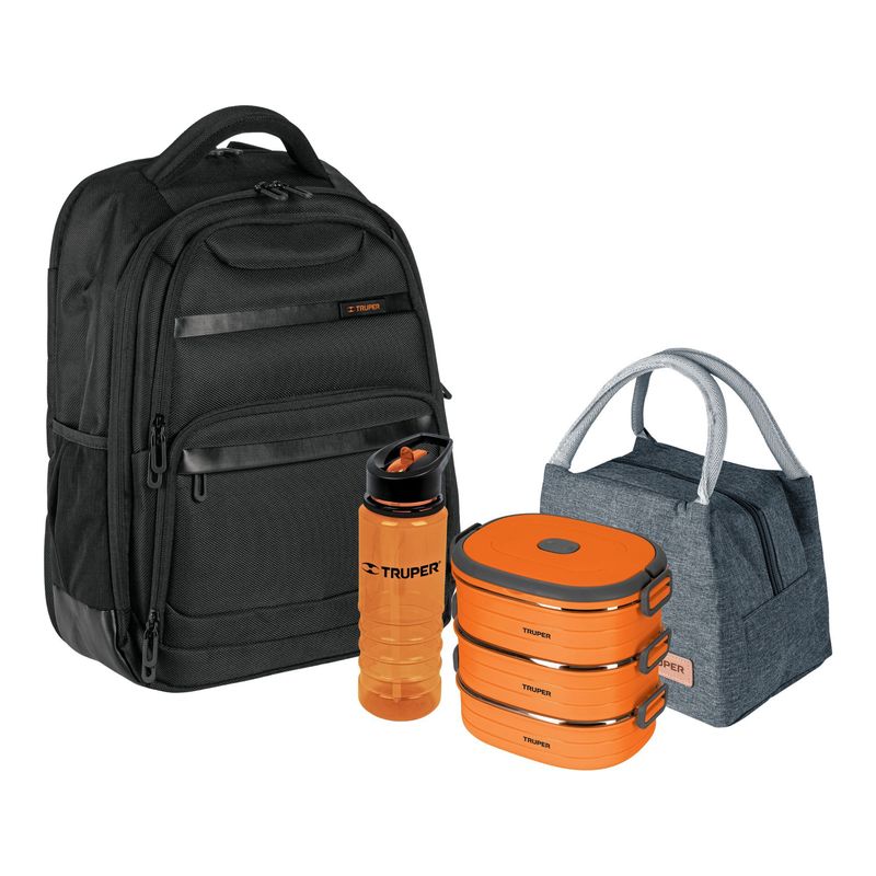 TRUPER - Mochila porta laptop+Lonchera térmica acero + tomatodo MegaCombo