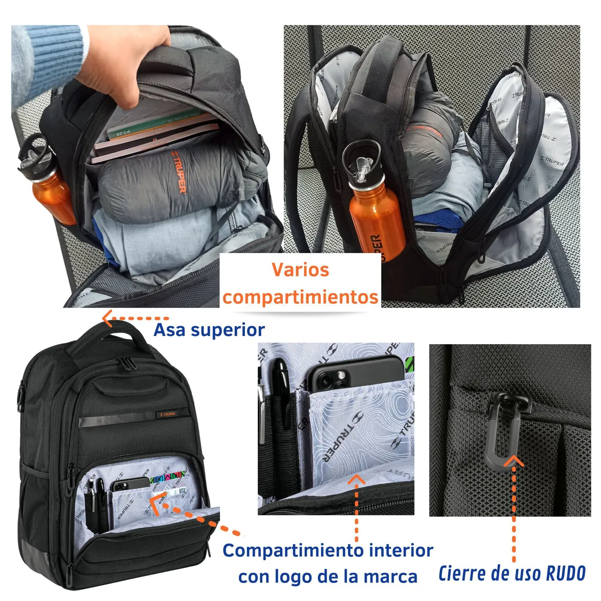 TRUPER - Mochila porta laptop+Lonchera térmica acero + tomatodo MegaCombo