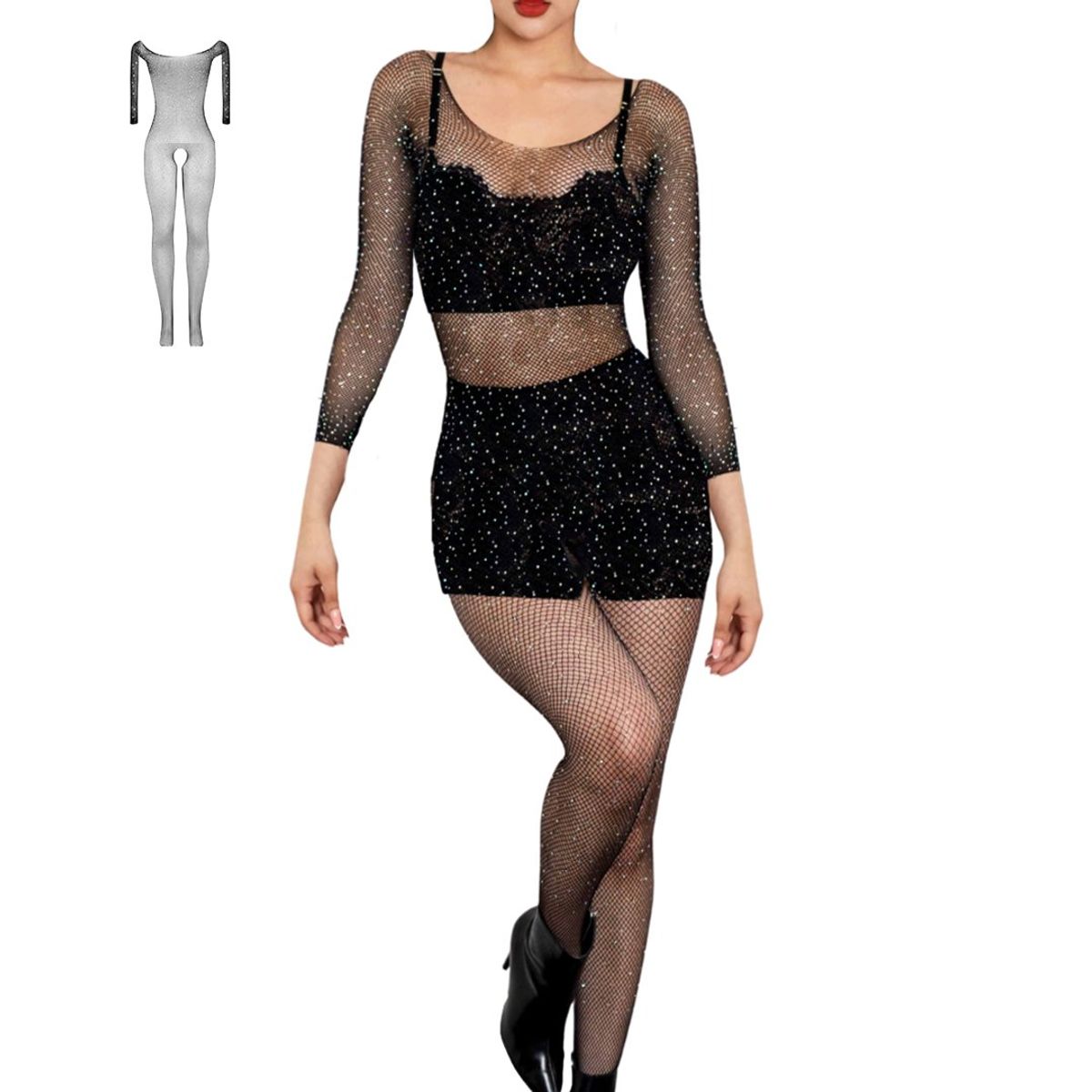 GENERICO - Bodystocking malla Enterizo Lenceria media Abertura parte interior