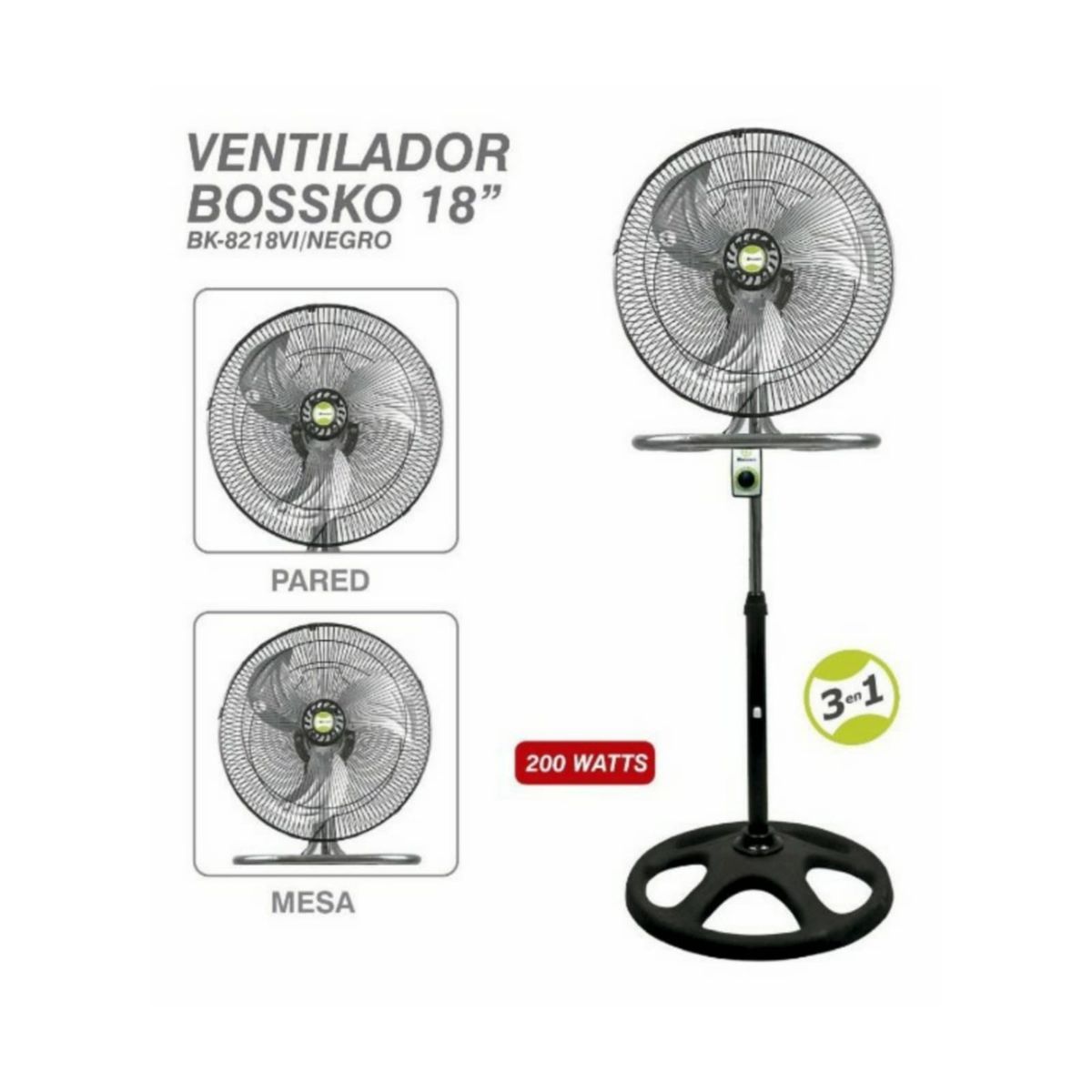BOSSKO - Ventilador Bossko 3 en 1 De 18″ Pulgadas 200 Watts NEGRO