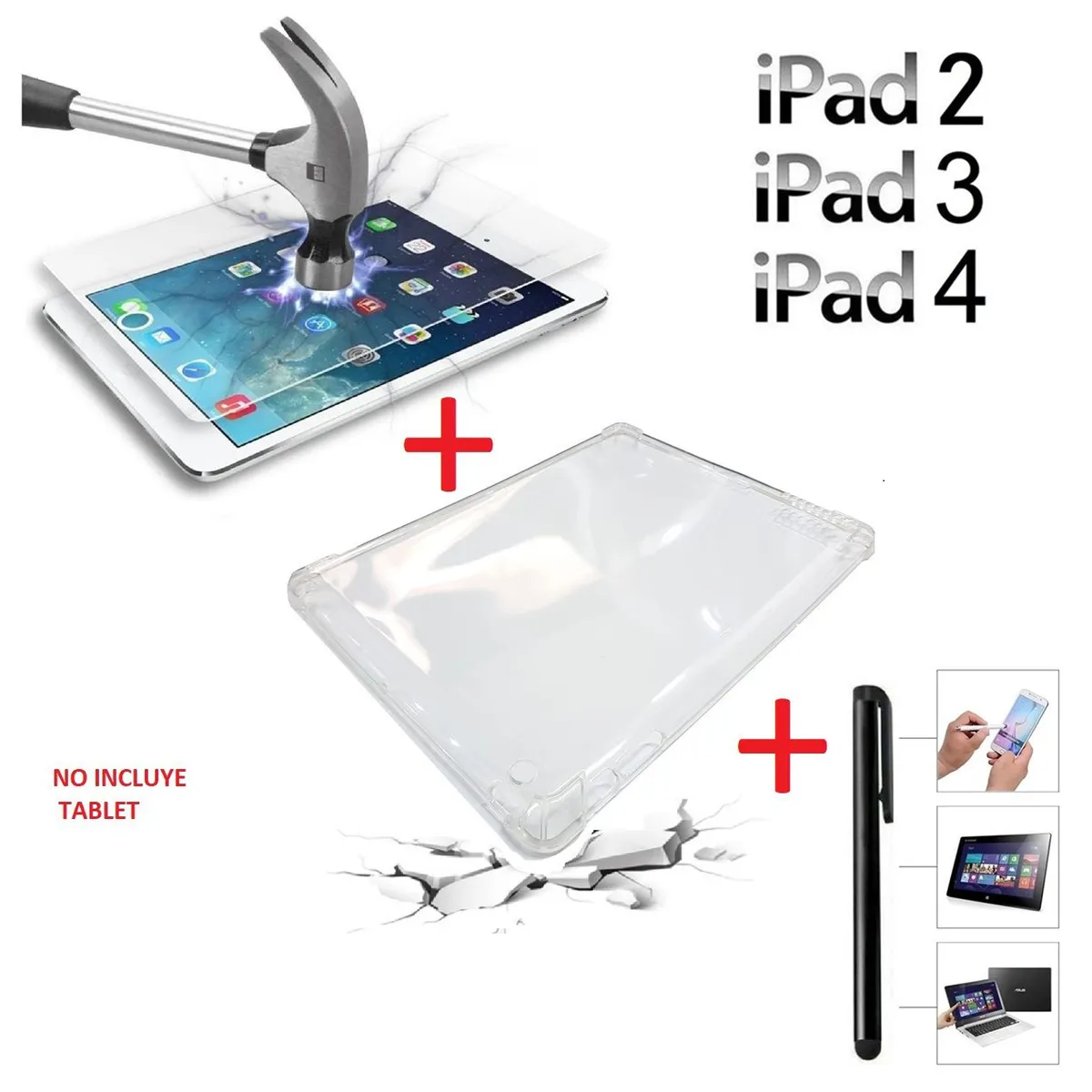 GENERICO - Funda + Mica + Lapiz para iPad 2 / 3 / 4 Case Transparente