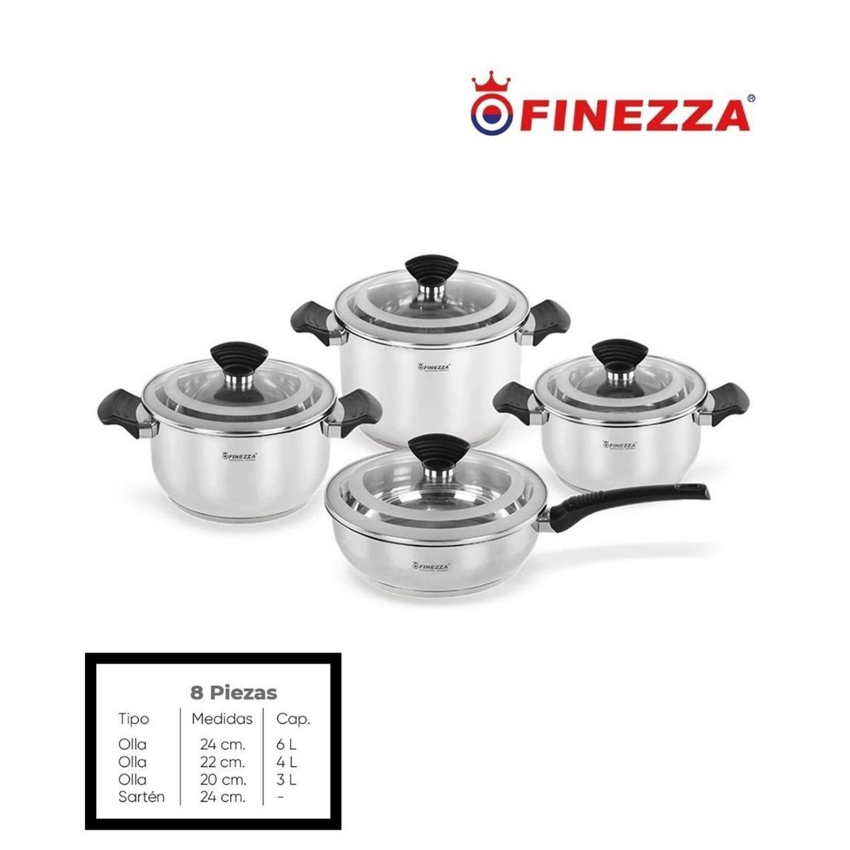 FINEZZA - JUEGO DE OLLAS ACERO INOXIDABLE 8 Pzas FINEZZA