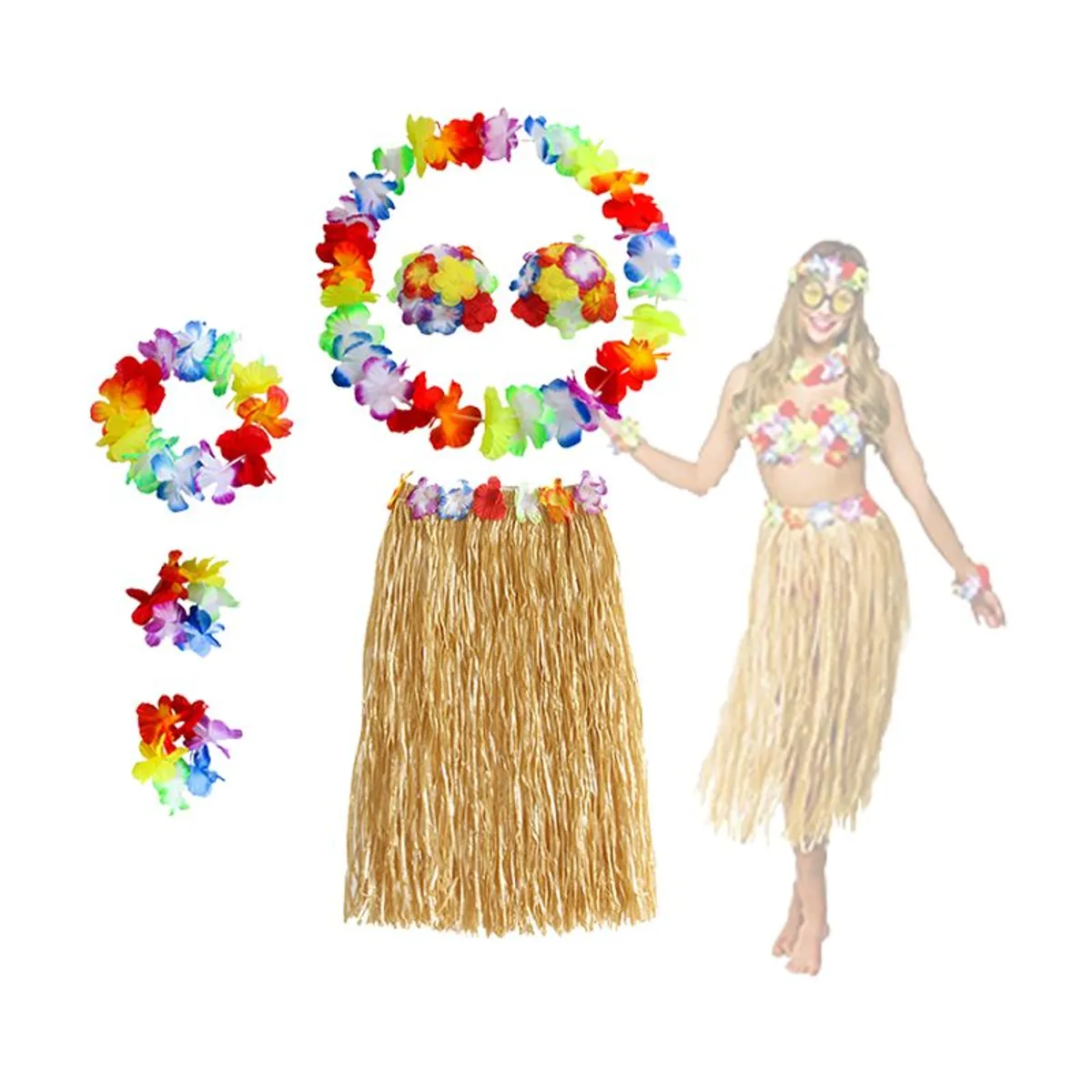 GENERICO - Falda Hawaiano Luau 5 Productos Adulto