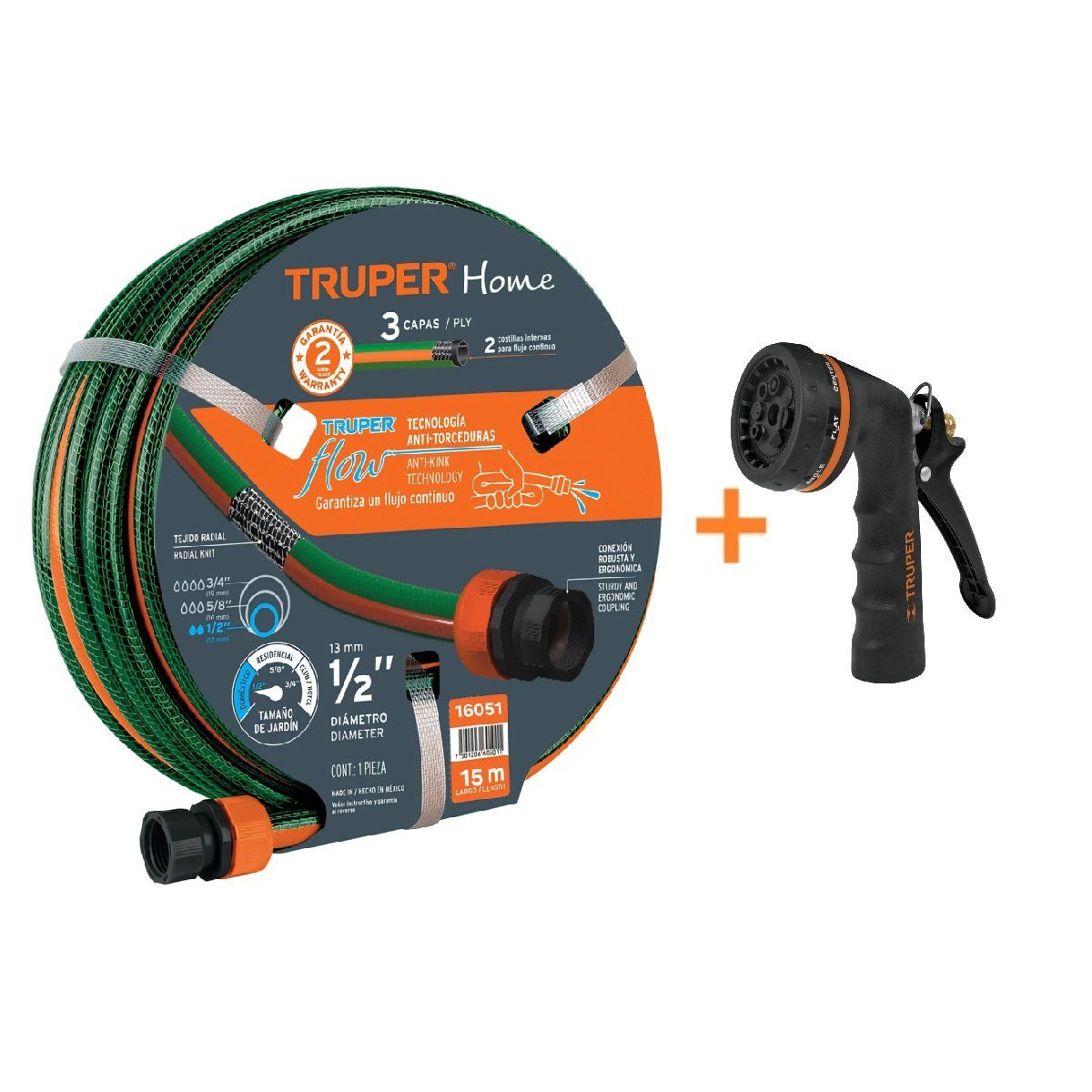 TRUPER - Manguera de Riego 15 Metros + Pistola 8 funciones Metalica