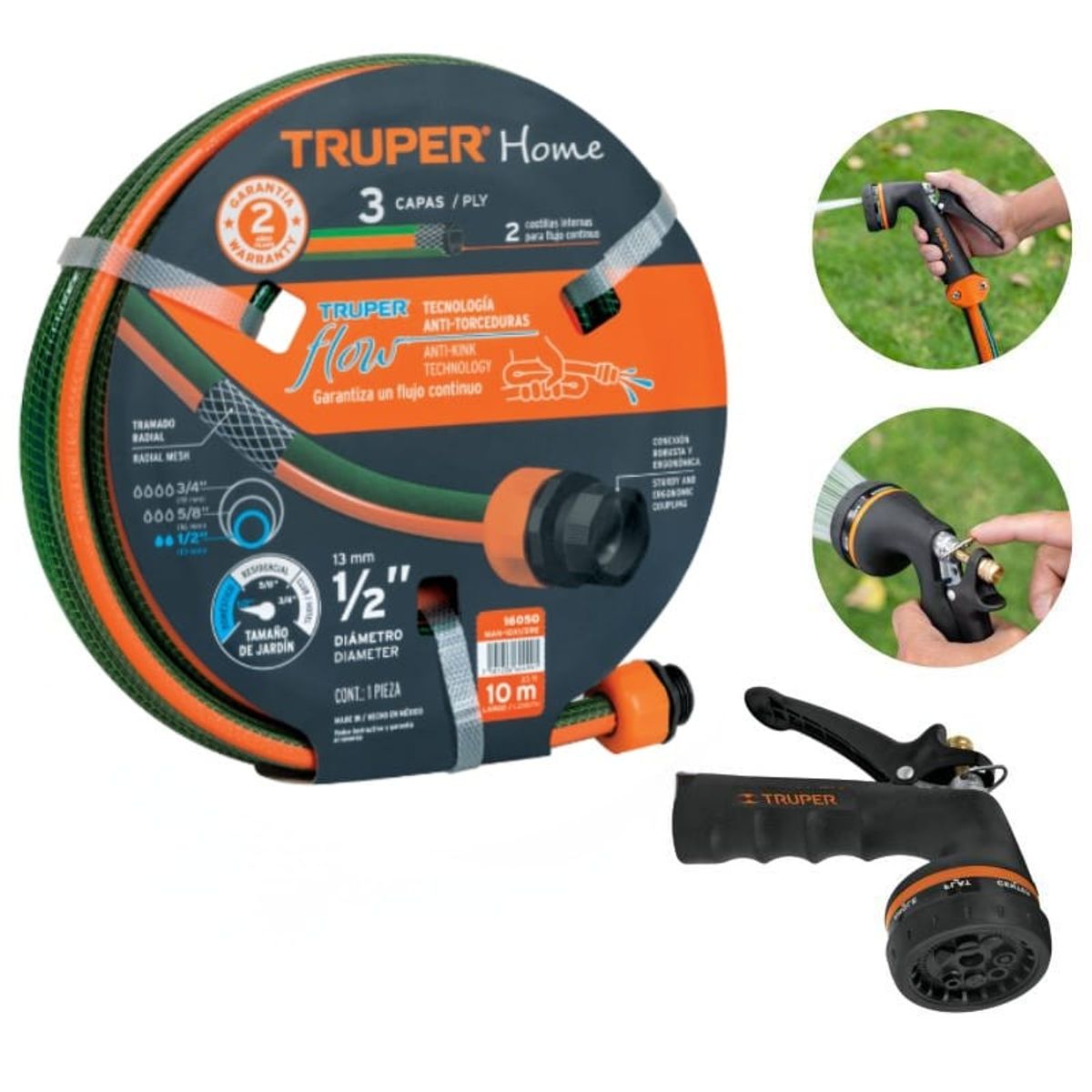 TRUPER - Manguera de Riego 10 Metros + Pistola 8 Funciones Metalica