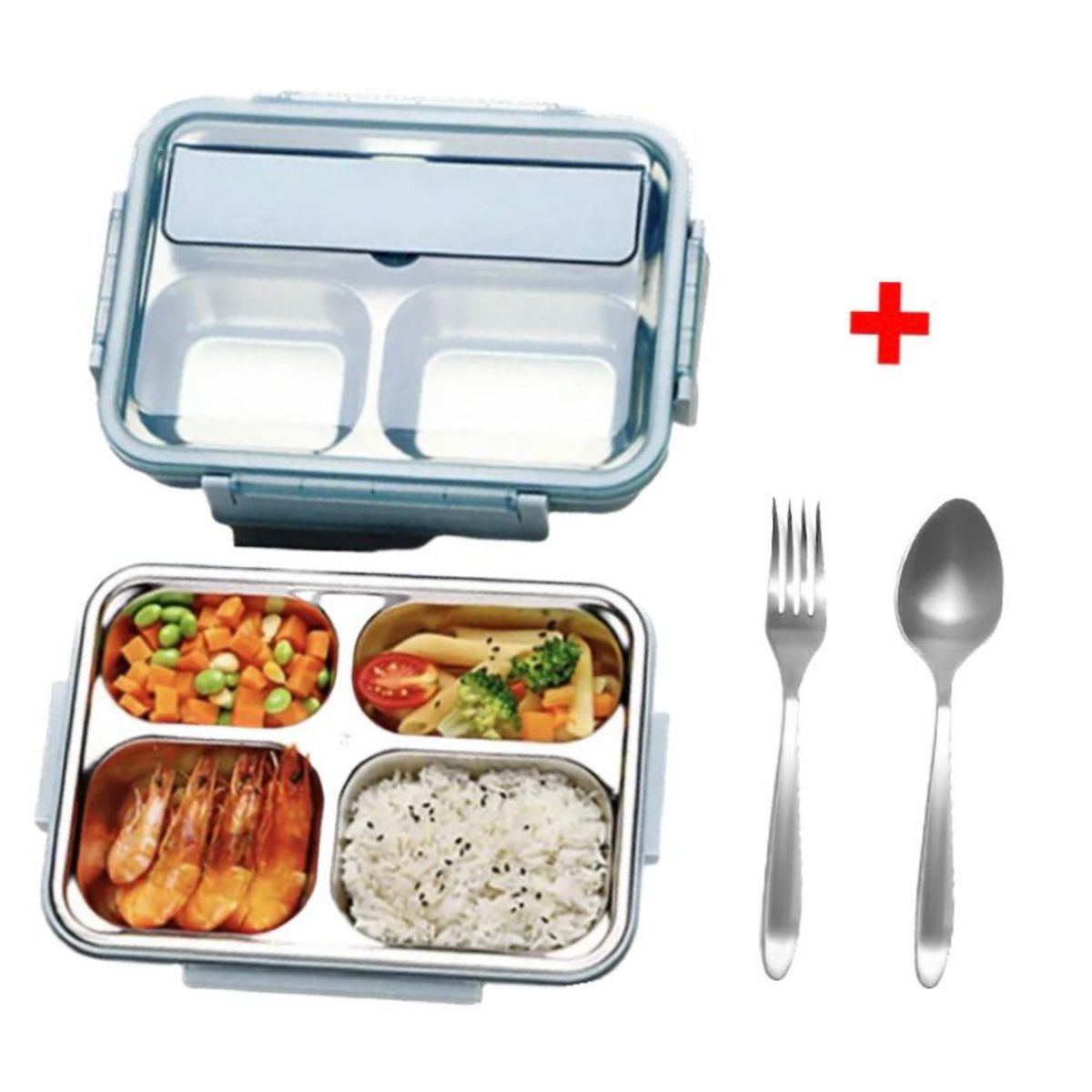 GENERICO - Lonchera Táper Fiambrera 4 Divisiones Ácero Inox con Cubiertos Celeste