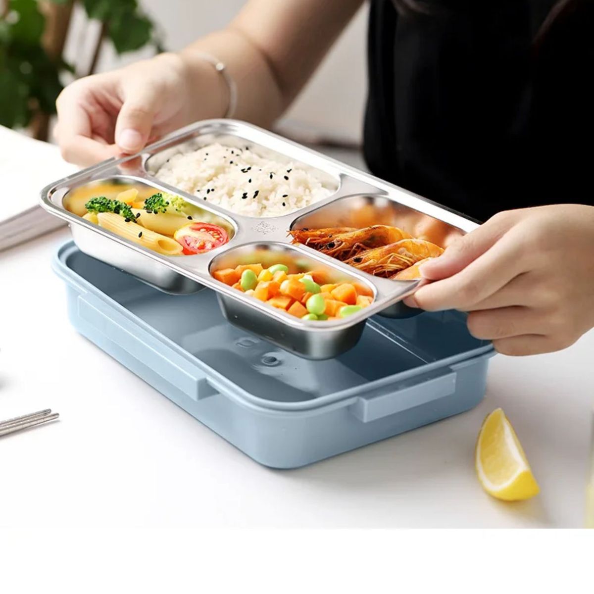 GENERICO - Lonchera Táper Fiambrera 4 Divisiones Ácero Inox con Cubiertos Celeste