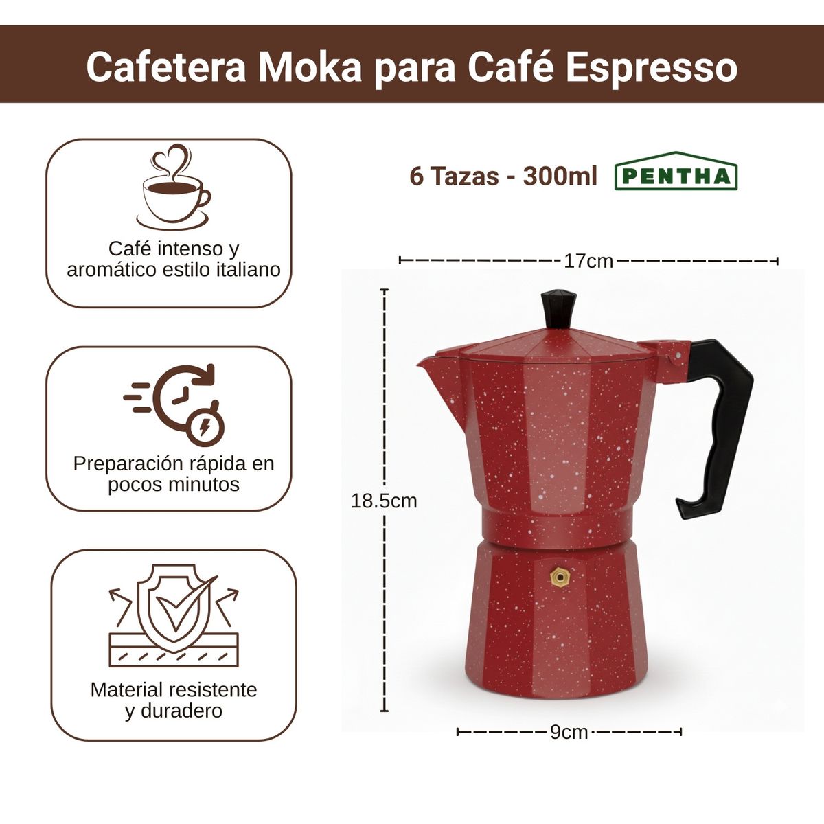 Pentha - Cafetera Italiana Moka de 6 tazas Color Rojo de 300ml