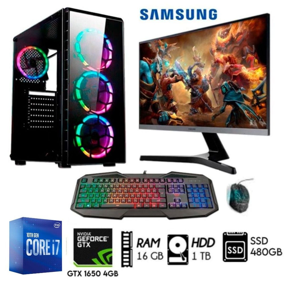 INTEL - Computadora PC Gamer Core i7-10TH Ram16GB Disco1TB+SSD480GB GTX 1650 4GB  M24´´.