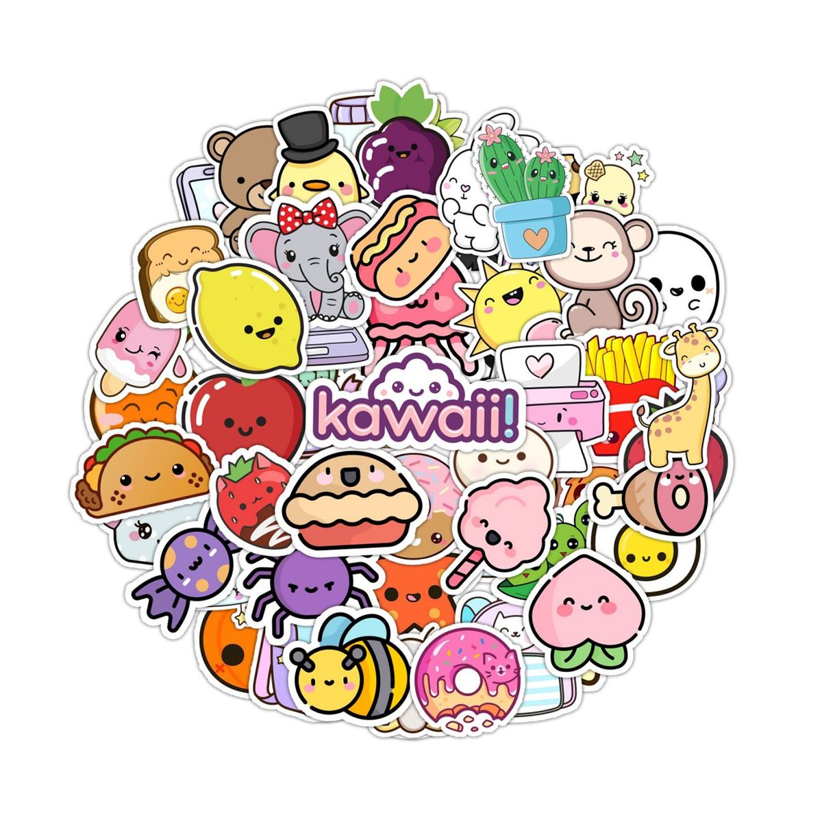 GENERICO - Pack 50 Stickers Frutas Comida Animales Cute Kawai
