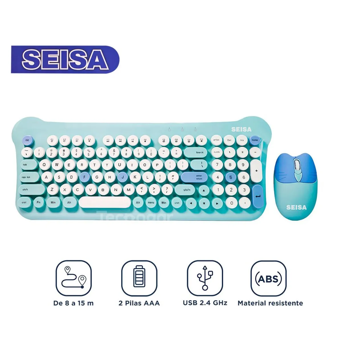 SEISA - Kit Teclado y Mouse Kawaii Inalámbrico Celeste Multicolor DN-C700