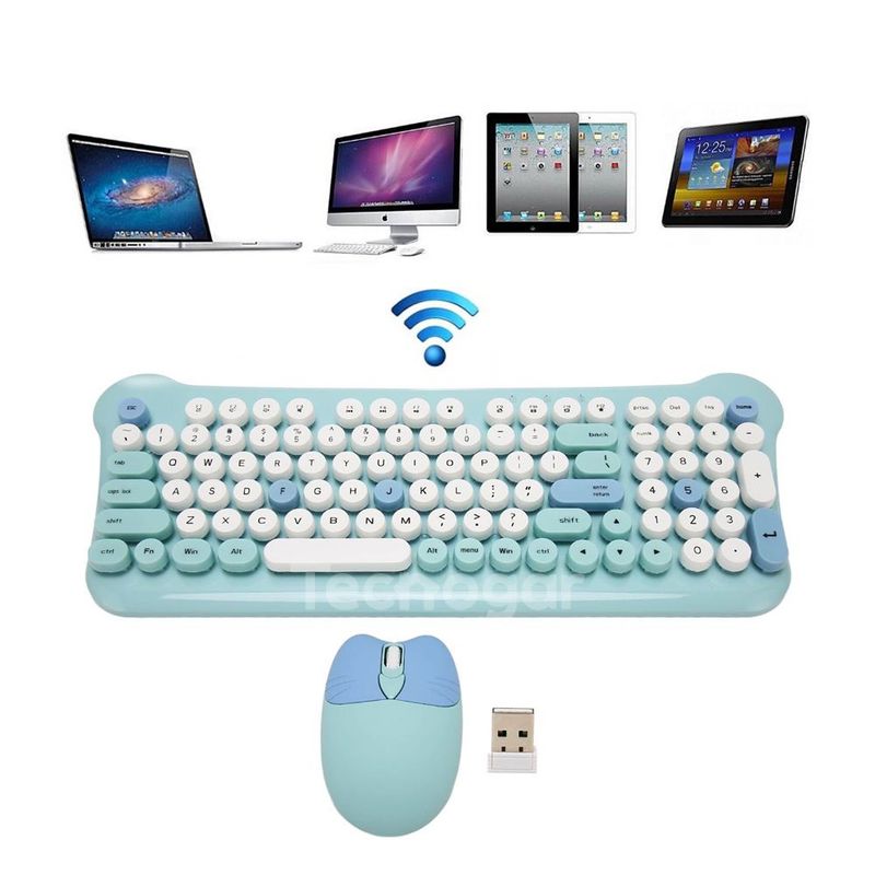 SEISA - Kit Teclado y Mouse Celeste Kawaii Inalámbrico Multicolor 2.4 GHz USB
