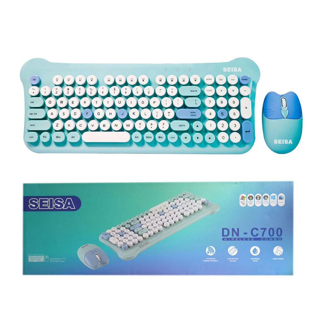 SEISA - Kit Teclado y Mouse Celeste Kawaii Inalámbrico Multicolor 2.4 GHz USB