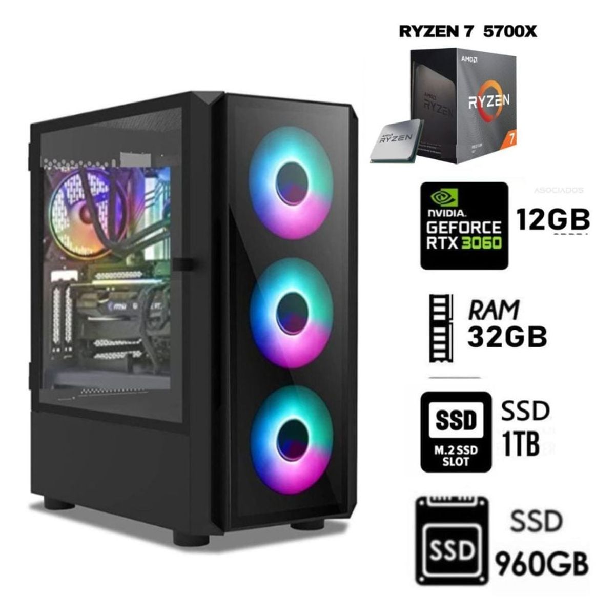 AMD - COMPUTADORA PC GAMER RYZEN 7-5700X, Ram 32GB, SSD M.2 1TB+SSD 960GB,  RTX 3060 12GB CASE 800W