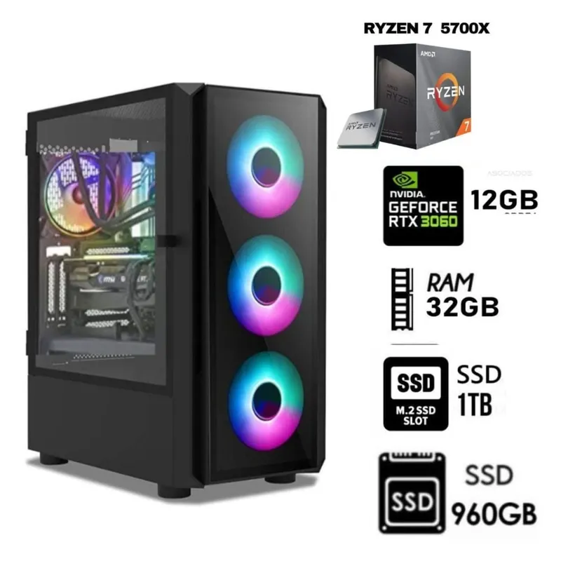 AMD - COMPUTADORA PC GAMER RYZEN 7-5700X, Ram 32GB, SSD M.2 1TB+SSD 960GB,  RTX 3060 12GB CASE 800W