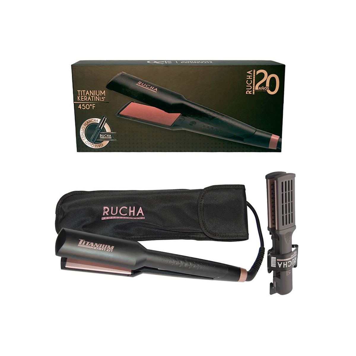 RUCHA PROFESSIONALE - Plancha Titanium Keratin 1.5 + Cepillo Plancha RUCHA
