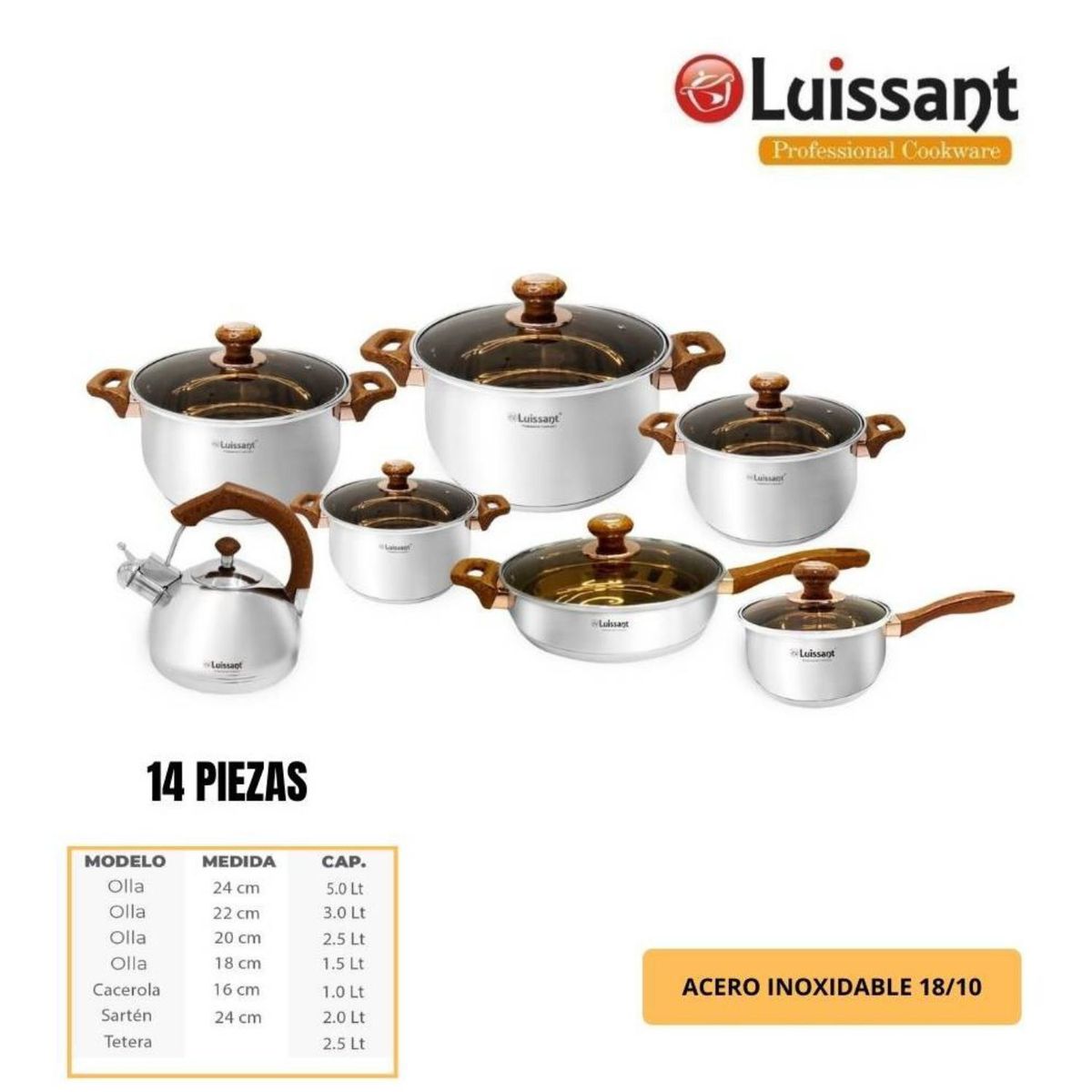 LUISSANT - JUEGO DE OLLAS DE 14 PZAS EN ACERO INOXIDABLE LUISSANT