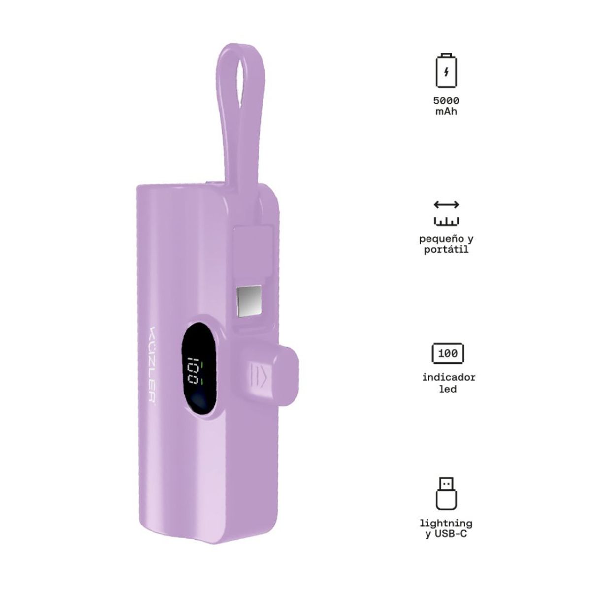 KUZLER - Mini Cargador portátil 5000mAh para iPhone carga rápida morado Kuzler