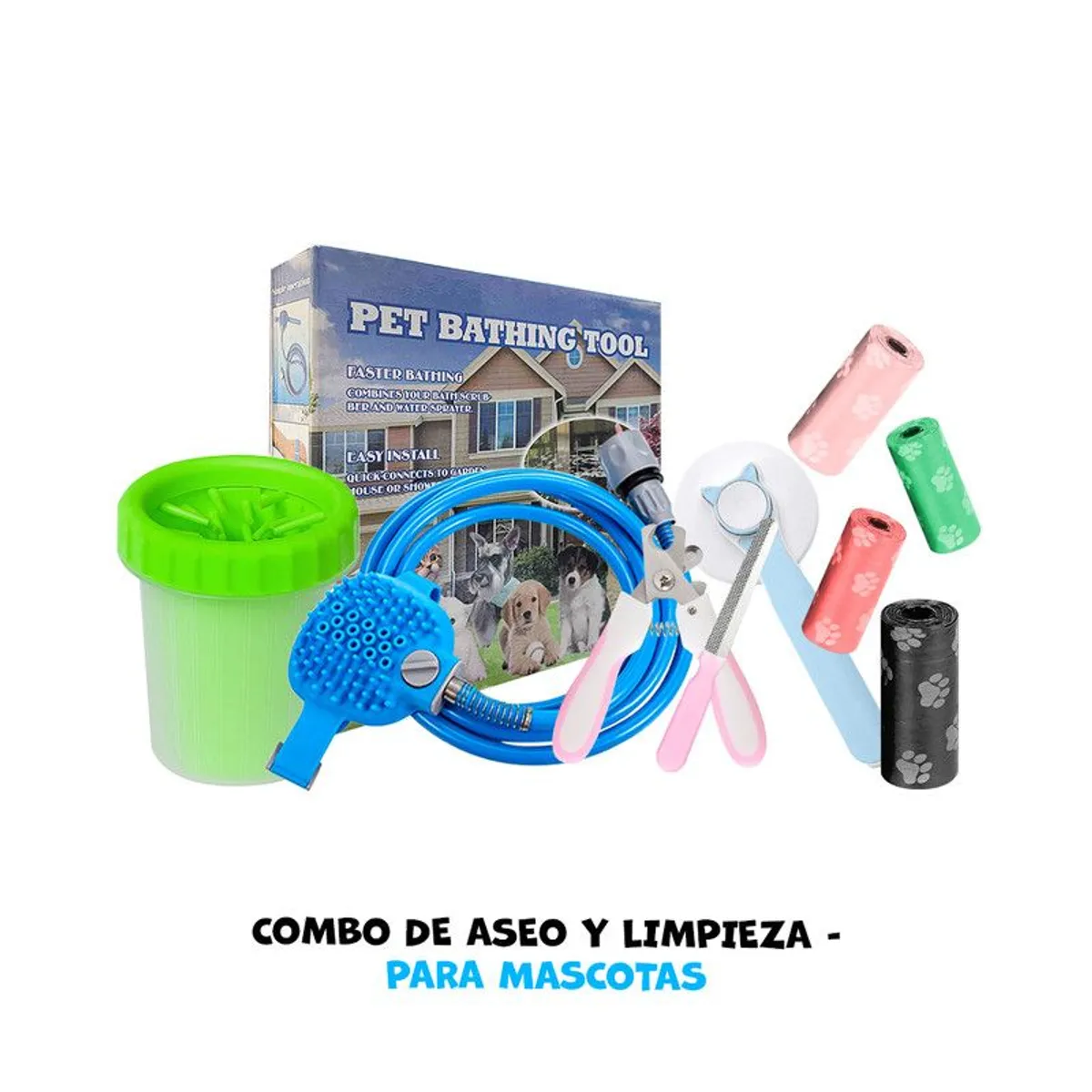 GENERICO - Manguera + Cortaúñas + Cepillo  Celeste + Limpiador Verde