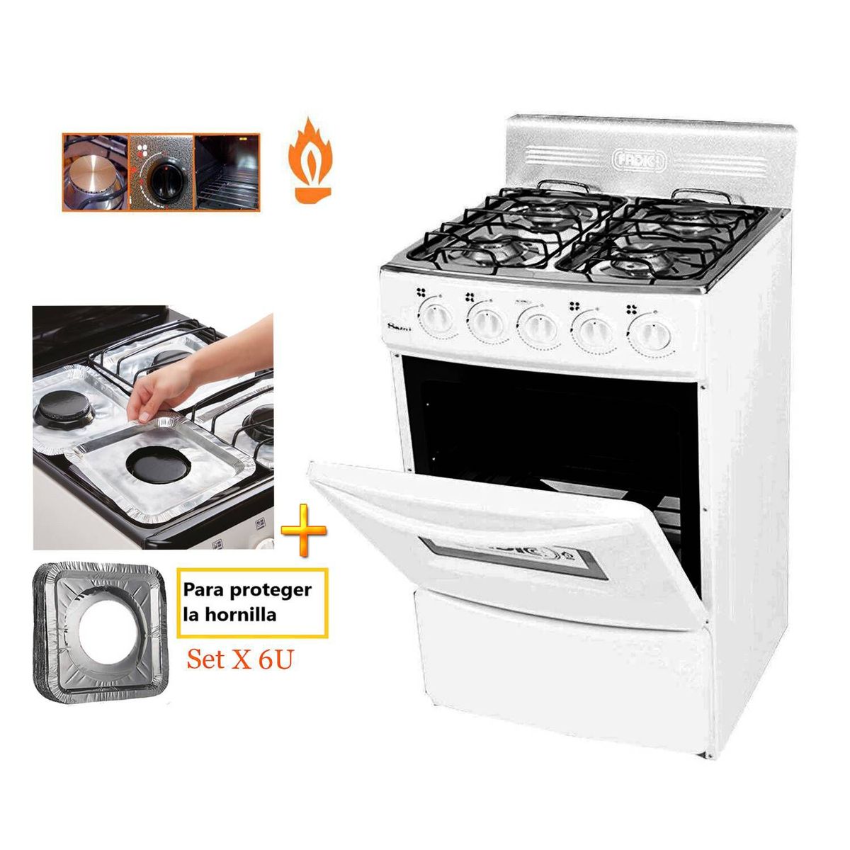FADIC - Cocina Fadic con respaldar y Horno 20 Sami 4H Blanco +Protector
