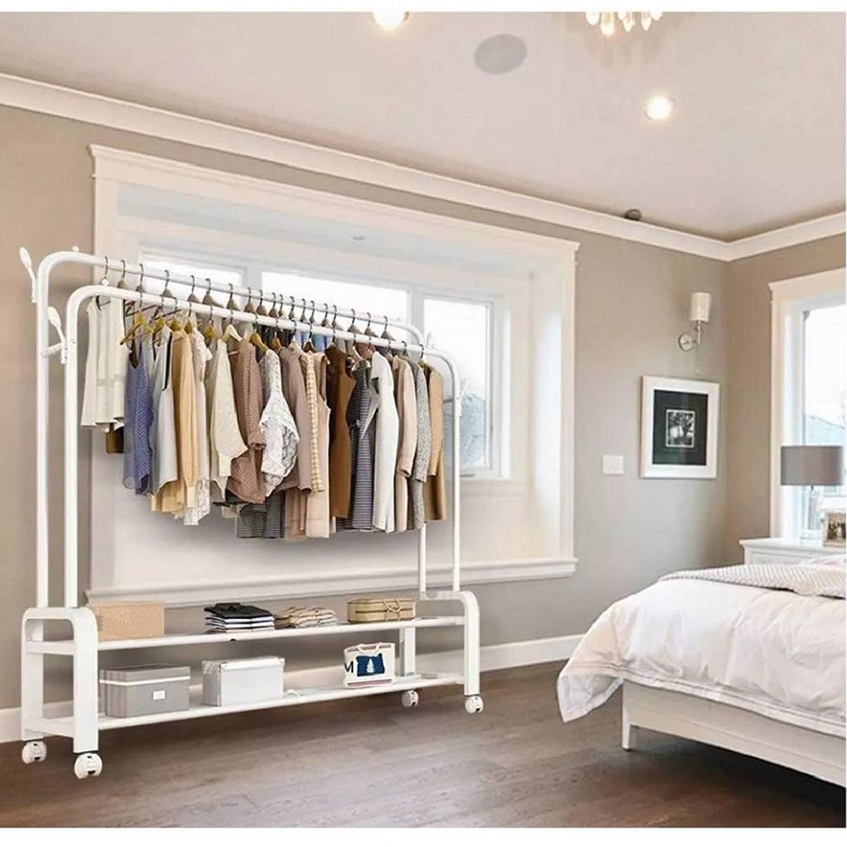 GENERICO - PERCHERO COLGADOR DOBLE ORGANIZADOR DE 2 REPISAS CON RUEDAS PREMIUM