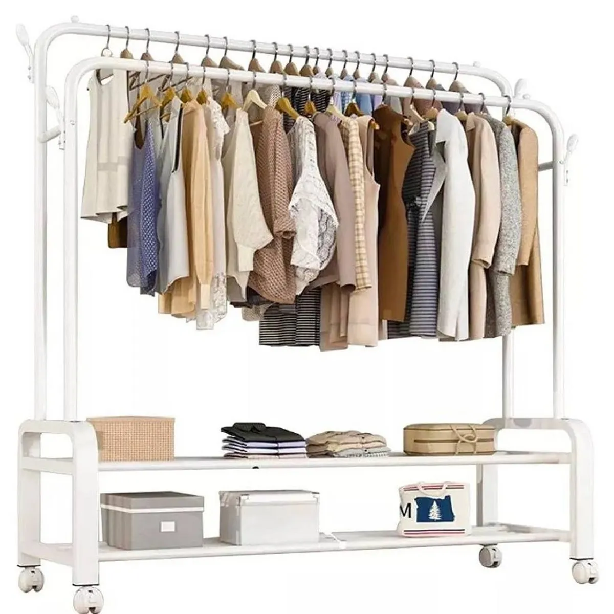 GENERICO - PERCHERO COLGADOR DOBLE ORGANIZADOR DE 2 REPISAS CON RUEDAS PREMIUM