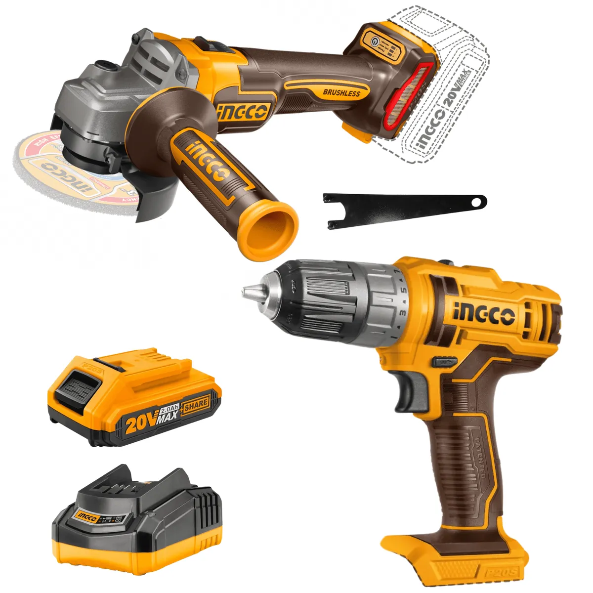 INGCO TOOLS - Combo Taladro 20v + amoladora 4 1/2" 20v Ingco