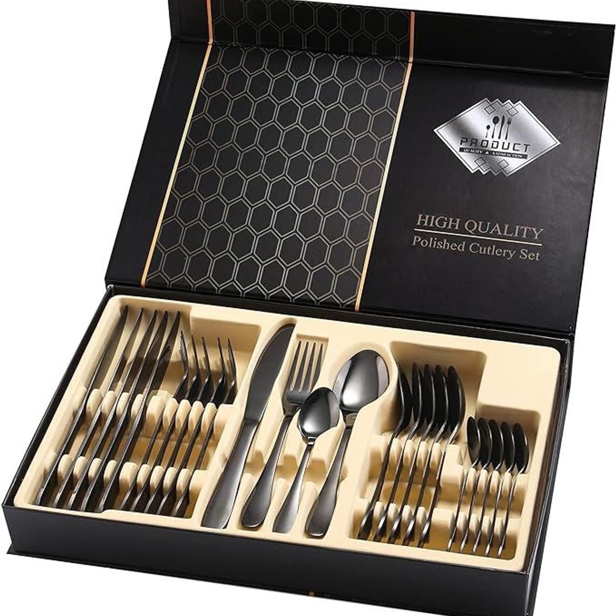 GENERICO - Juego de cubiertos negros de 24 piezas con caja de regalo