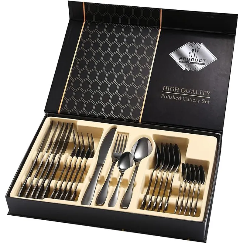 GENERICO - Juego de cubiertos negros de 24 piezas con caja de regalo