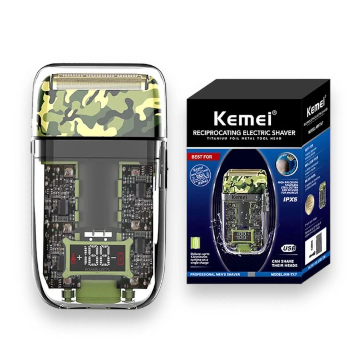 OEM - Afeitadora Eléctrica Kemei KM-TX7 Verde Militar
