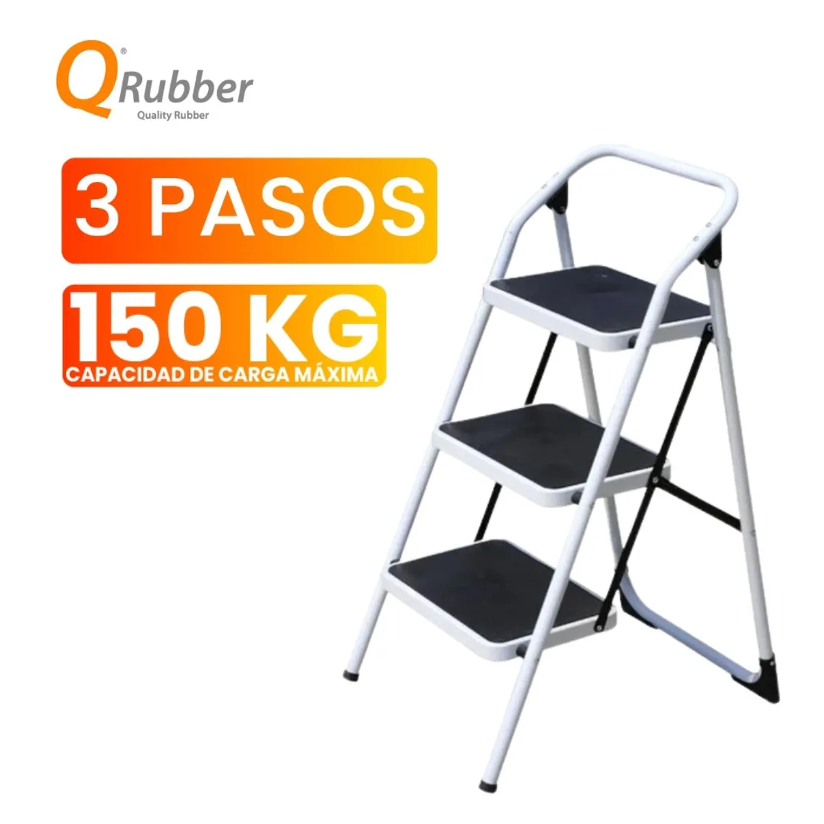 QRUBBER - Escalera plegable de acero 3 peldaños - QRubber
