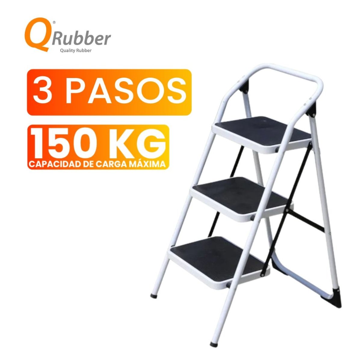 QRUBBER - Escalera plegable de acero 3 peldaños - QRubber