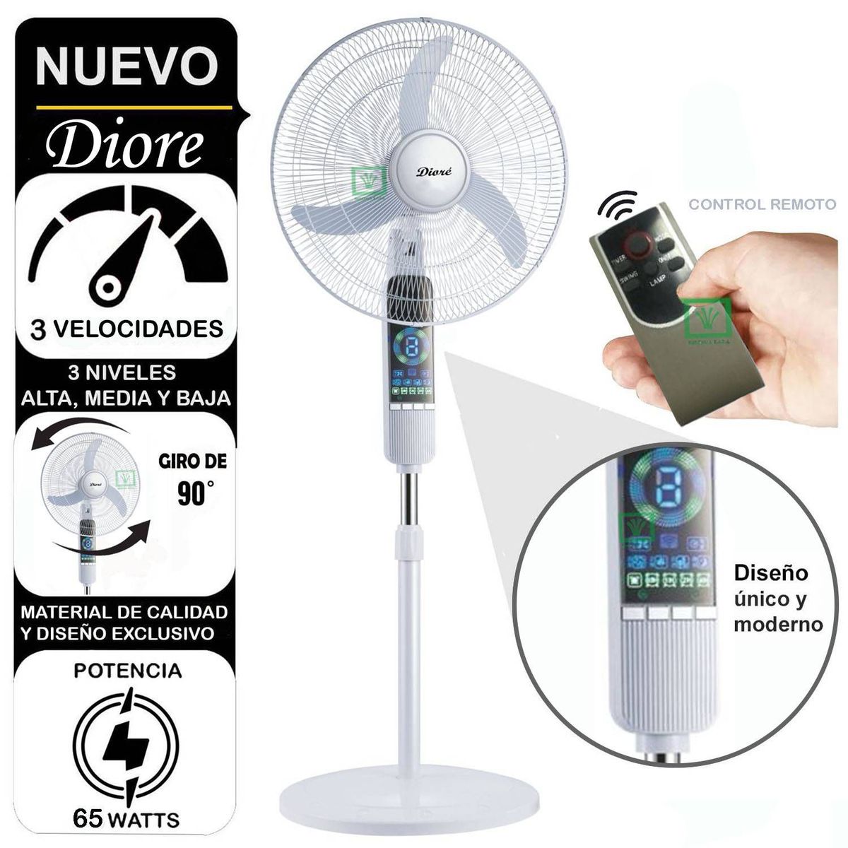 DIORE - Ventilador Digital Diore Pedestal 3 Velocidades 65W Con control Remoto