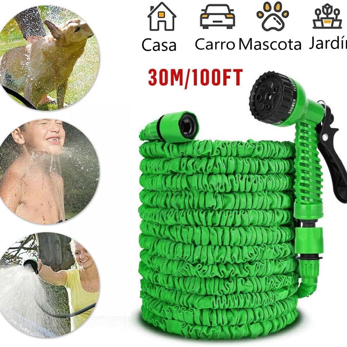 GENERICO - Manguera Retractil Verde Expandible 30 Metros + 7 Chorros