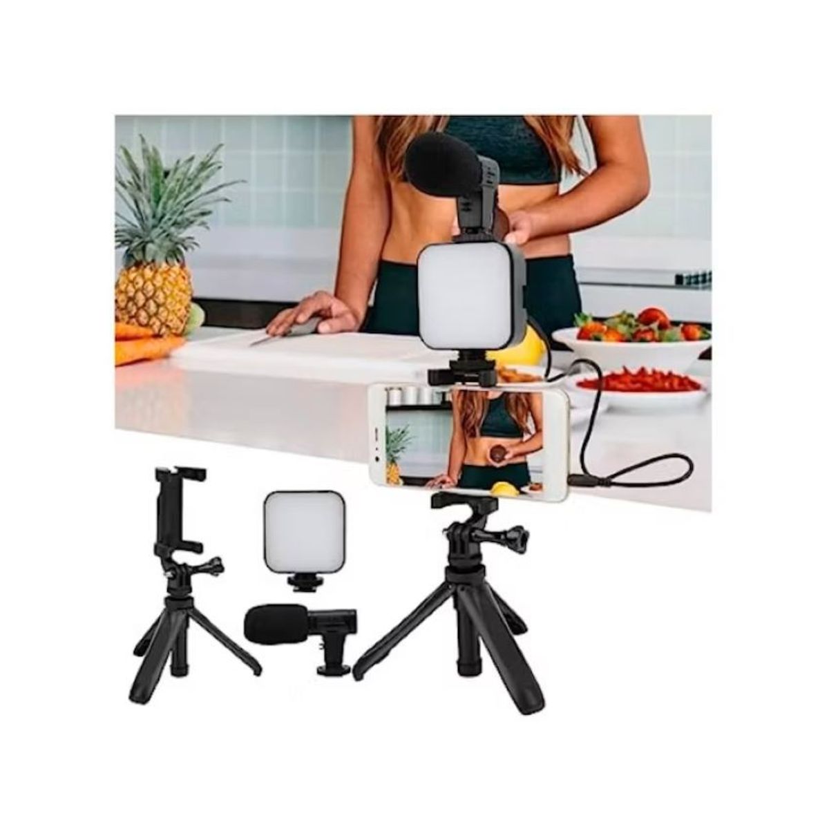 GENERICO - KIT DE GRABACIÓN TRIPODE MICRÓFONO LUZ LED CONTROL MODELO PRIME