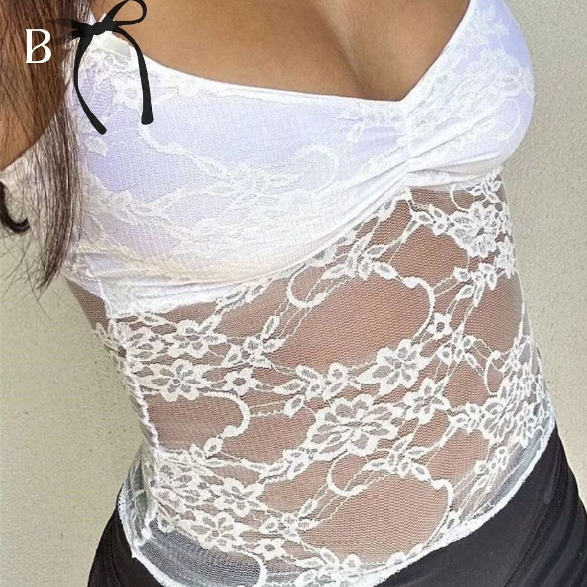 GENERICO - Top Blusa Encaje Con Lazos Traslucido Blanco Coquette