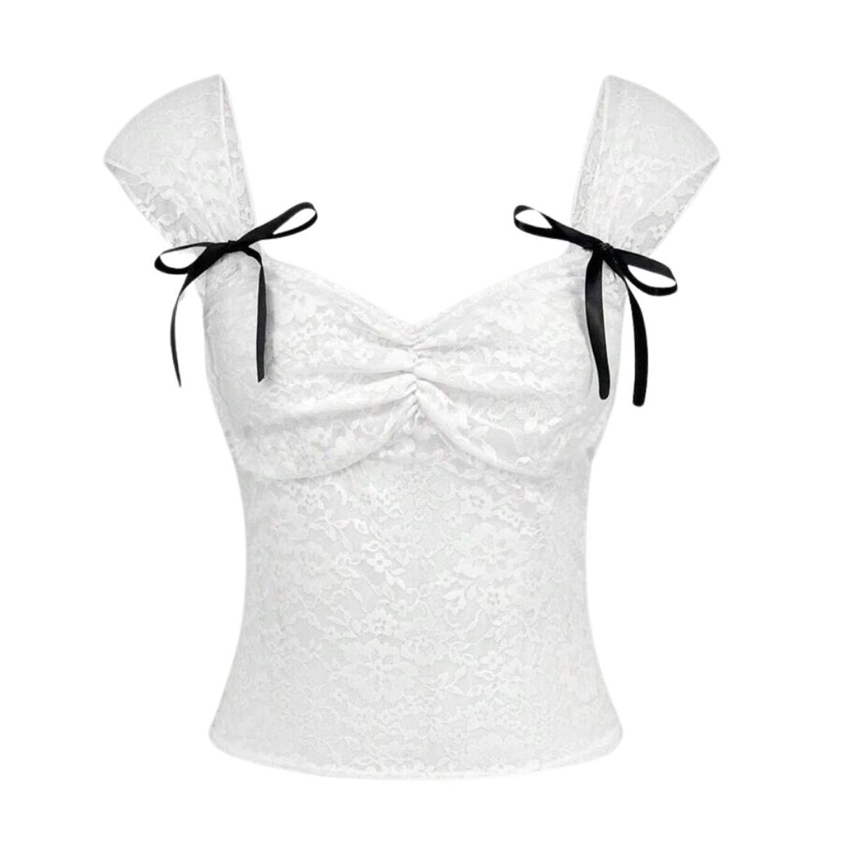 GENERICO - Top Blusa Encaje Con Lazos Traslucido Blanco Coquette