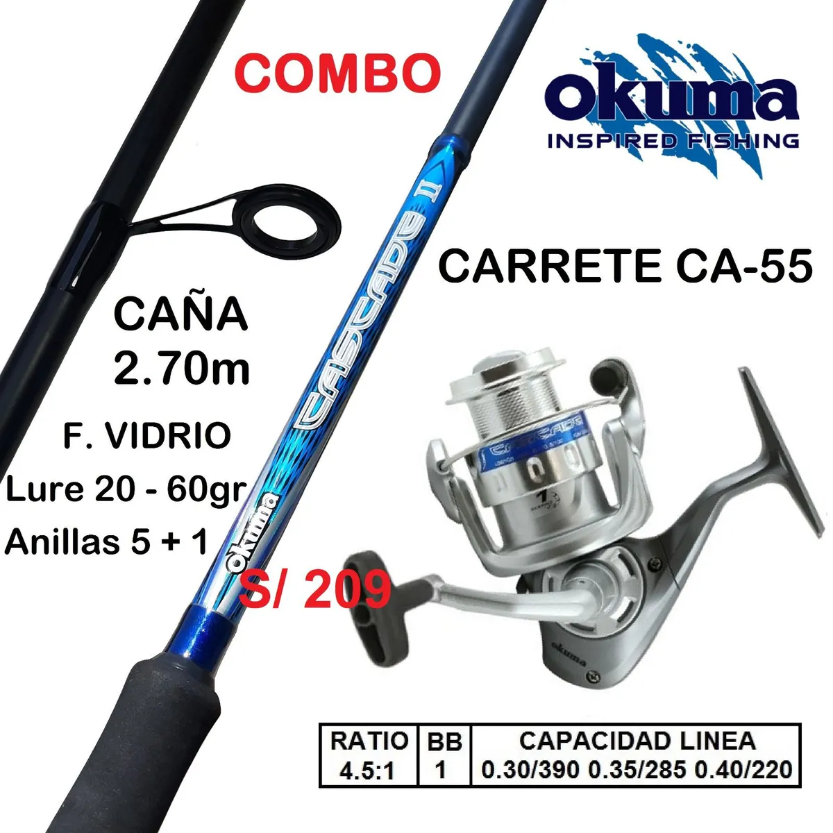 OKUMA - Equipo De Pesca Caña 2.70 m Carrete 5500 con Nylon