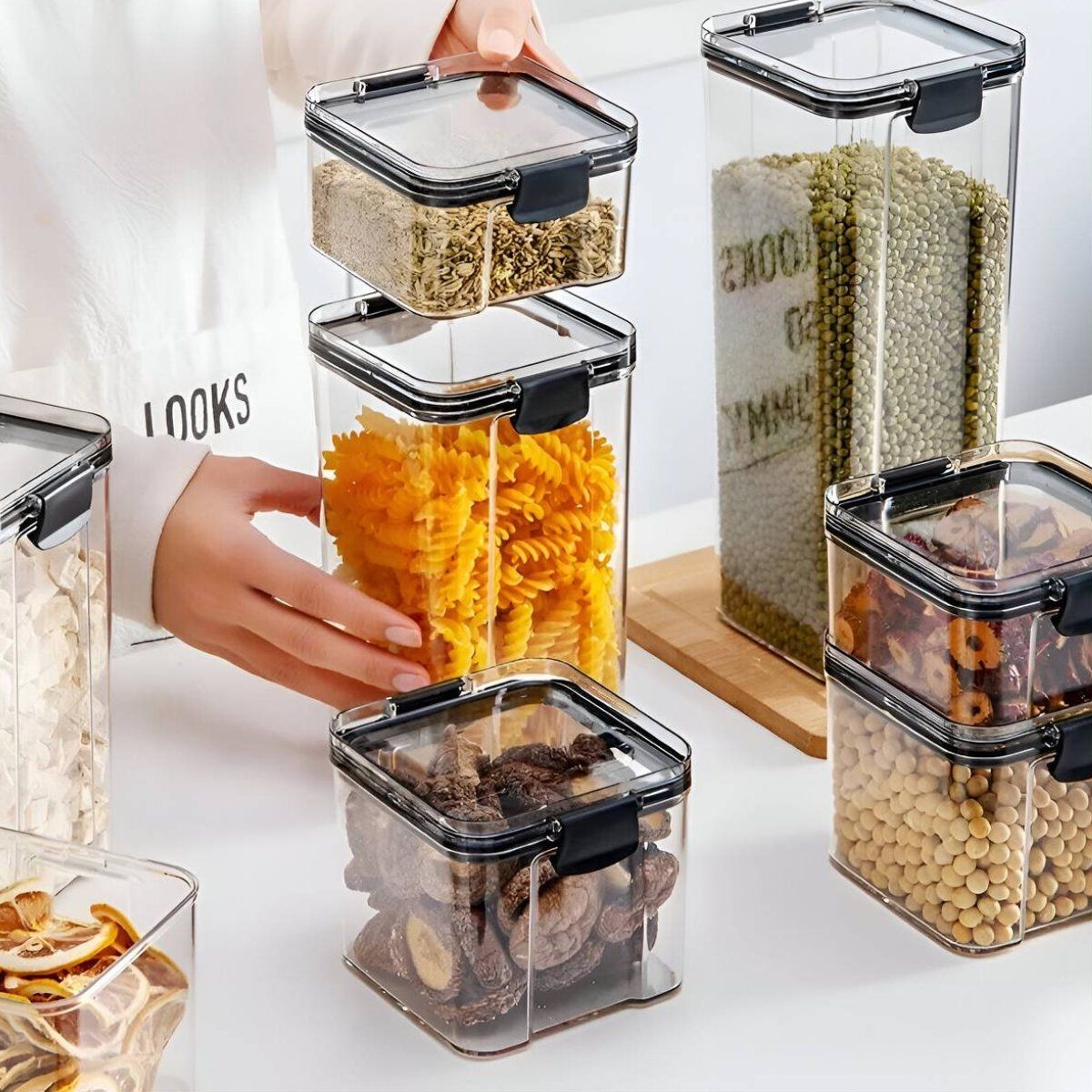 ELMEJORPRECIO - Set De 8 Frascos Herméticos Organizadores De Cocina Negro