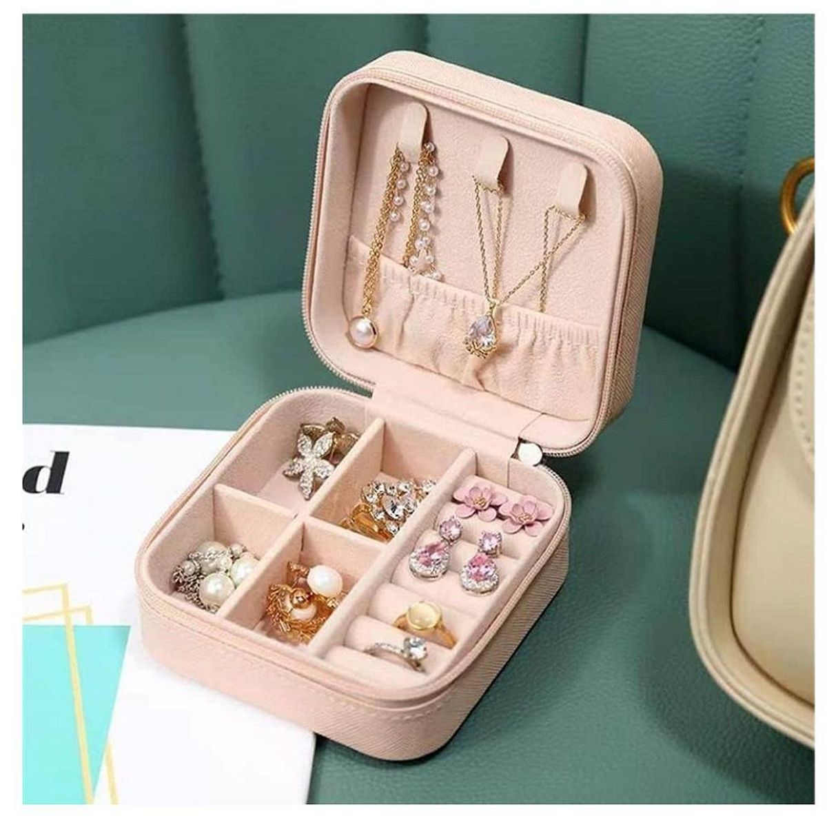 GENERICO - Mini Organizador de Joyas de Viaje Portátil con Cremallera Rosado