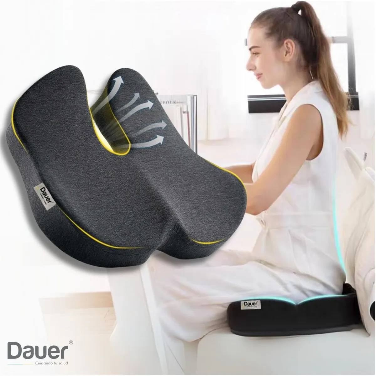 DAUER - Cojín Asiento 3D Ortopédico para coxis para hemorroides con Asa Negro